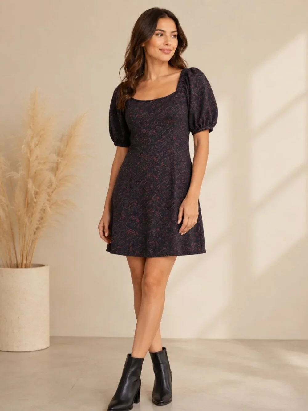 Free People Black Purple Sunset Mini Dress Black Sz Medium Puff Sleeve